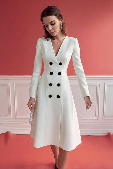 Satin A-Line V-Neck Ivory Double Breasted Work Dress With Long Sleeves